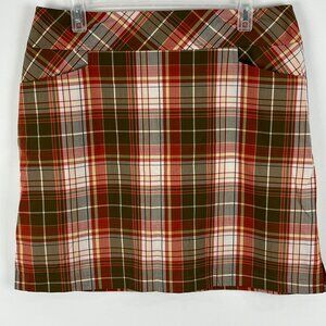 Dexim Golfwear Skort Size 12 Brown Red Plaid Side Slit Back Zip Pockets Inseam 4